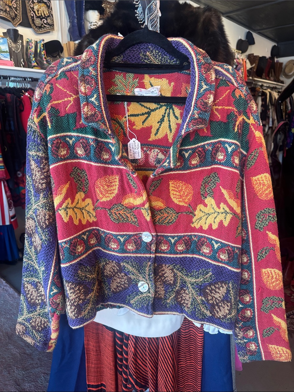 American Vintage Multicolor Leaf-Pattern Teddy Jacket - Red, Purple, Green